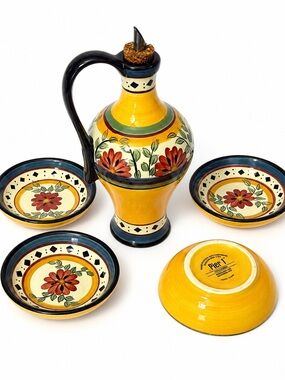 Pier 1 Alexandria Oil & Vinegar Cruet Set with 4 Dipping Bowls – Hand Painted